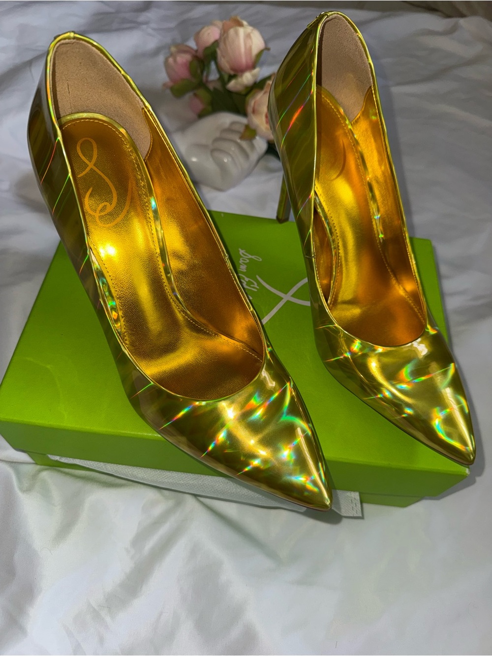 Sam Edelman Gold Holographic Pointed Toe Pumps